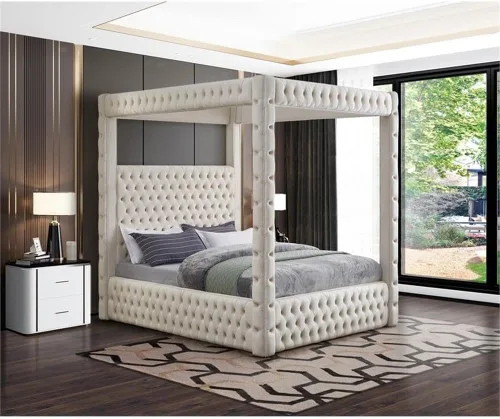 Miniatura 2 de Meridian Furniture RoyalCream-Q Colección Royal moderna, cama Queen tapizada de terciopelo contemporáneo con terciopelo crema suave, acolchado