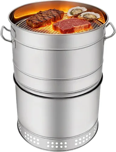 Parrilla vertical 2 en 1 para ahumar, barbacoa de carbón portátil de acero inoxidable sin humo de 360°, para barbacoa al aire libre, campamento y