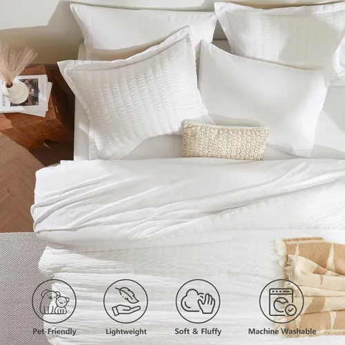 Miniatura 2 de CozyLux - Juego de edredón de tamaño California King con sábanas, 7 piezas, color blanco con textura de sirsaca en una bolsa, juego de cama de lujo