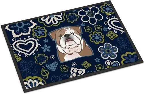 Caroline's Treasures BB5070MAT - Felpudo de bulldog inglés con flores azules de 18 x 27 pulgadas, tapete para puerta delantera, para interiores y