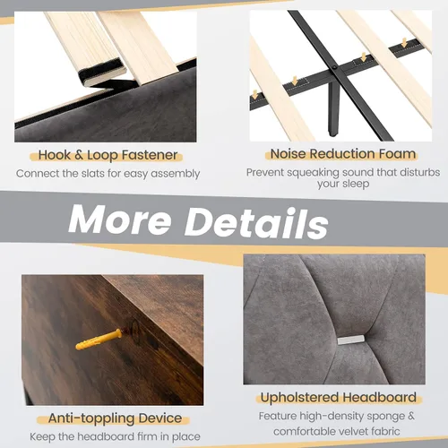 Miniatura 6 de KOMFOTT Base de cama matrimonial tapizada con cabecera de almacenamiento, base de cama de plataforma con estantes abiertos y espacio