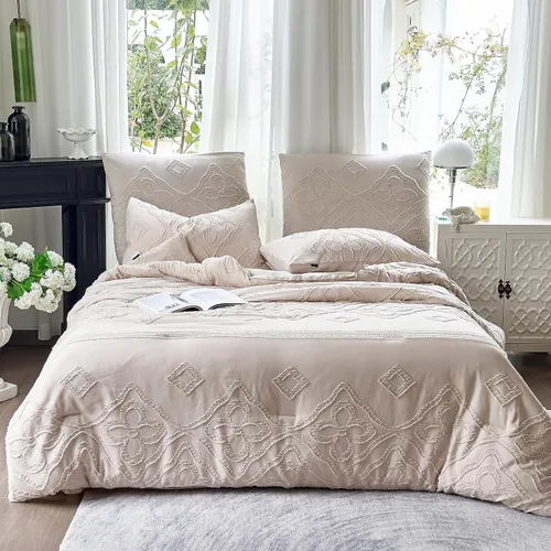 Miniatura 9 de Edredón con Mechones Tamaño King Juego de 3 Piezas Beige Boho Decoración de Dormitorio Estilo Granja para Todas las Estaciones Edredón Tamaño King