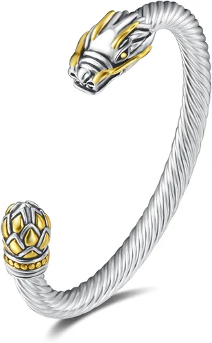 UNY JEWEL Joyería Bola de escamas de dragón chino, brazalete de dragón, brazalete de resorte abierto de dos tonos trenzado de cable vintage