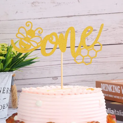 Miniatura 2 de One Bee - Decoración dorada para pastel de abejorro con purpurina – 1er cumpleaños, revelación de género, decoración de fiesta de baby shower