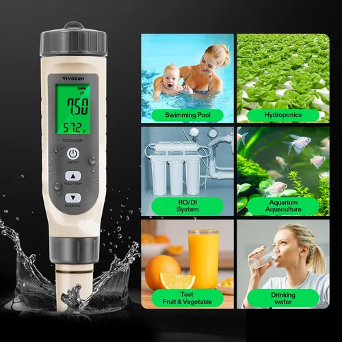 Miniatura 7 de VIVOSUN Medidor de pH digital 5 en 1 con función de PH/salinidad/TDS/EC/temperatura, pantalla de retroiluminación, IP67 impermeable para hidroponía