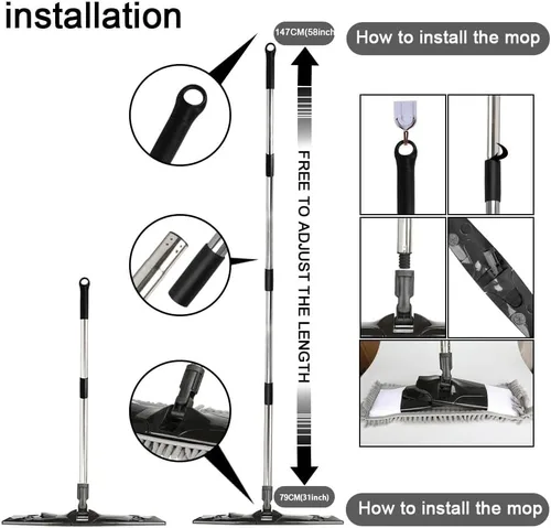 Miniatura 4 de Trapeador antipolvo para limpieza de suelos con 2 almohadillas de felpilla lavables y mango largo extensible, trapeador plano seco y húmedo