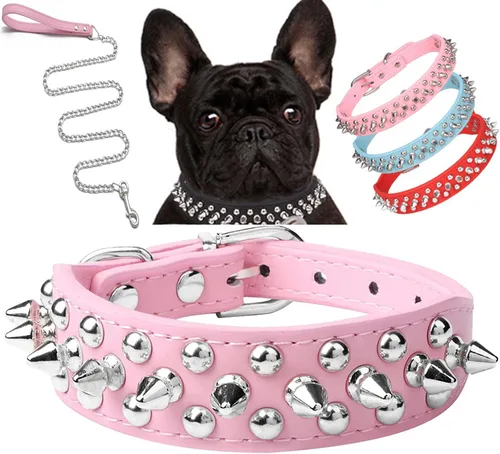 Miniatura 6 de Serijoars Collar para perro con clavos, de piel sintética suave con remaches de hongos, collar ajustable para cachorros (L, Rojo)