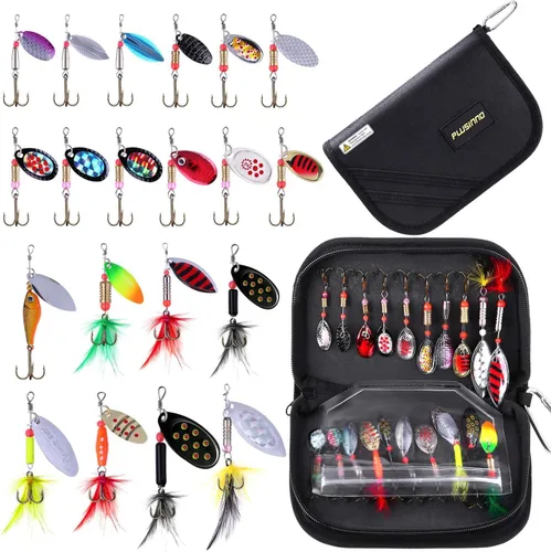 PLUSINNO Señuelos de pesca para lubina, kit de 16 señuelos giratorios con bolsa de transporte portátil, cebos giratorios de metal duro para trucha