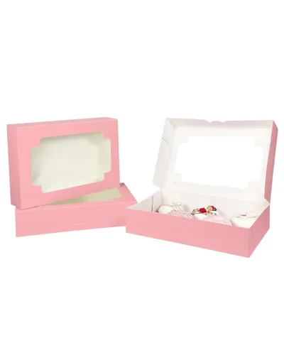 Miniatura 6 de qiqee Caja de galletas rosa autodesplegable con ventana 12x8x2.5 pulgadas 18 paquetes Dos usos Plegable en un segundo Caja de pastelería galletas