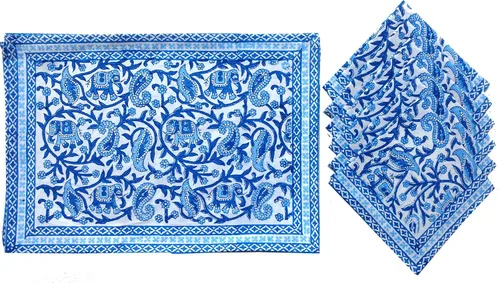 Miniatura 16 de Rastogi Handicrafts Juego de 6 manteles individuales 100 % algodón estilo indio para mesa de comedor y servilletas (azul 1)