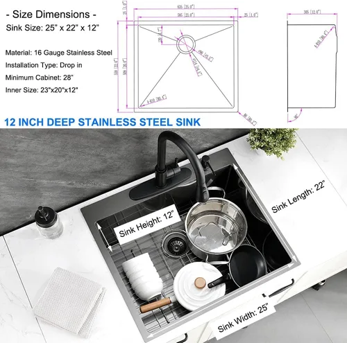 Miniatura 7 de Fregadero utilitario negro, 25 x 22 x 12 pulgadas de profundidad, acero inoxidable negro con grifo y dispensador de jabón, lavabo de montaje