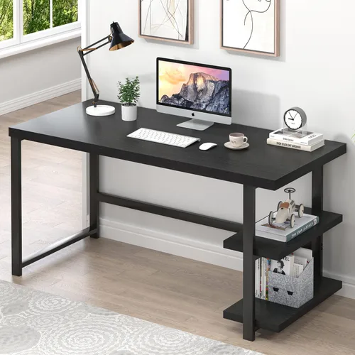 Miniatura 12 de EXCEFUR Escritorio blanco para computadora, moderno escritorio de oficina en casa con estante de almacenamiento, mesa de estudio de escritura