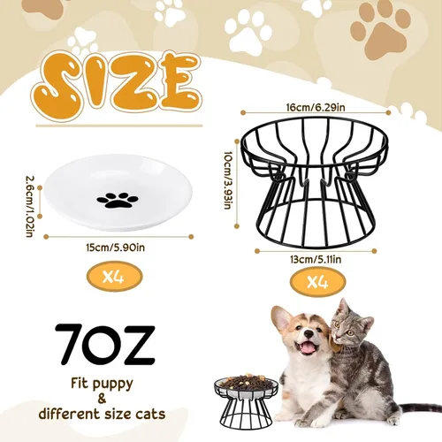Miniatura 2 de Roshtia 4 juegos de cuencos elevados de cerámica para gatos con soporte de metal, platos aptos para lavavajillas, platos elevados antideslizantes