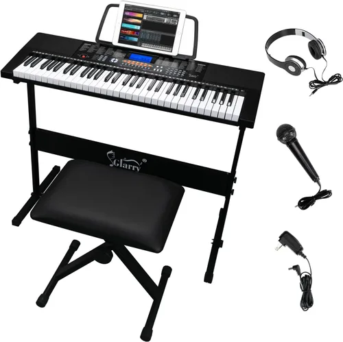 GLARRY Juego de teclado de piano electrónico portátil de 61 teclas con pantalla LCD, soporte, micrófono, auriculares, soporte, banco, modos de