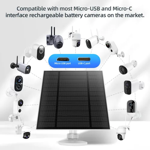 Miniatura 7 de Panel Solar de 5W de 2 Piezas para Cámara de Seguridad, Panel Solar con Puerto Micro USB y USB-C para Cámara para Exteriores con Batería Recargable
