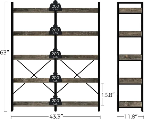 Miniatura 3 de Seventable Estantería grande de 5 niveles, estantería industrial de 63 pulgadas de alto con 4 ganchos, estantería de madera para oficina en casa