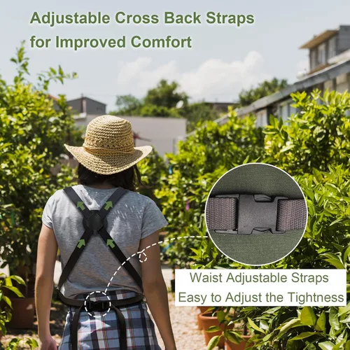 Miniatura 5 de Delantal de jardinería impermeable con espalda cruzada, delantal extra 600D resistente para cosecha y grandes bolsillos de liberación rápida Verde