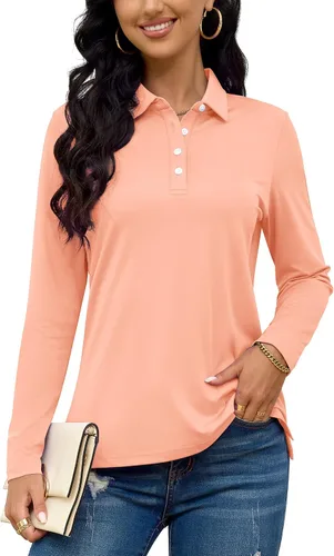 Miniatura 3 de TACVASEN Polo de golf para mujer, camiseta de manga larga, UPF 50+, secado rápido, 4 botones, rendimiento de tenis, ejercicio
