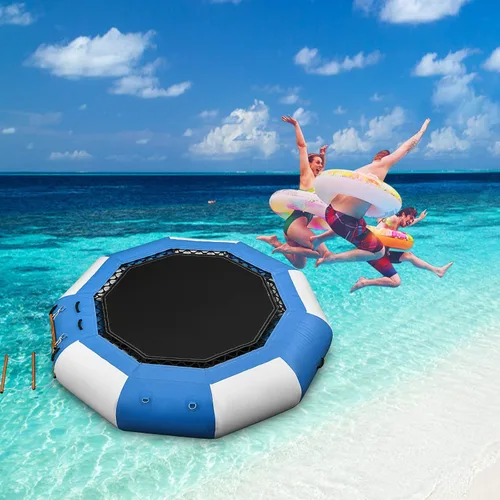 Miniatura 9 de Happybuy Trampolín inflable del agua, gorila inflable redonda del agua con la escalera mecánica, trampolín del agua en azul y blanco