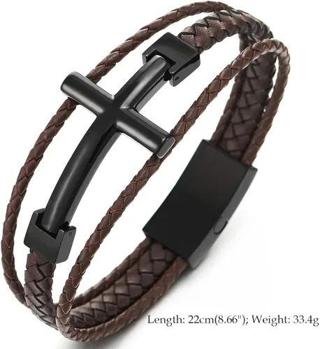 Miniatura 5 de COOLSTEELANDBEYOND Men Stainless Steel Horizontal Sideway Lateral Cross Three-Row Braided Leather Bangle Bracelet