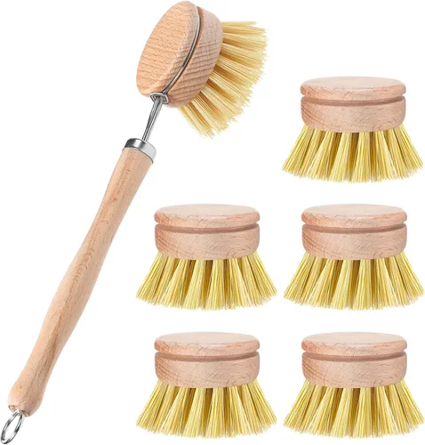 Miniatura 7 de Boao Paquete de 3 cepillos para platos con mango de madera de haya con cabezales de repuesto, cepillo de madera natural para lavar y limpiar ollas