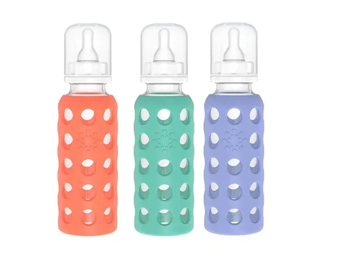 Lifefactory Biberón de vidrio sin BPA | Funda protectora de silicona | Paquete de 3 de 9 onzas | Papaya, col rizada y arándanos Papaya/Kale/Arándano
