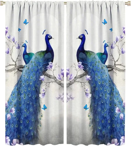 Miniatura 30 de Cortina opaca con estampado de pavo real, con estampado de animales retro, con bolsillo para cortinero y flores de peonía doradas, para dormitorio