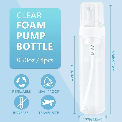 Miniatura 3 de Botella con bomba de espuma de 8.5 onzas líquidas, bomba de botella de espuma vacía transparente, botellas de espuma de viaje para jabón, champú