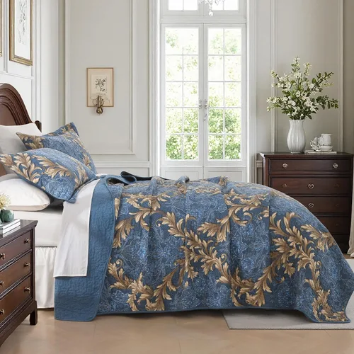 Miniatura 6 de Juego de edredón Queen 100% algodón – Colcha floral de damasco azul, juego de ropa de cama reversible de estilo europeo clásico de 3 piezas, ligero