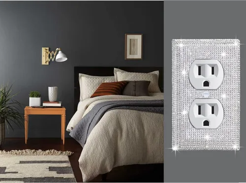 Miniatura 5 de 4 Piezas Cubiertas de Tomacorriente con Diamantes de Imitación Plateados Brillantes Placa de Pared 1 Gang Toggle Cubierta de Interruptor de Luz