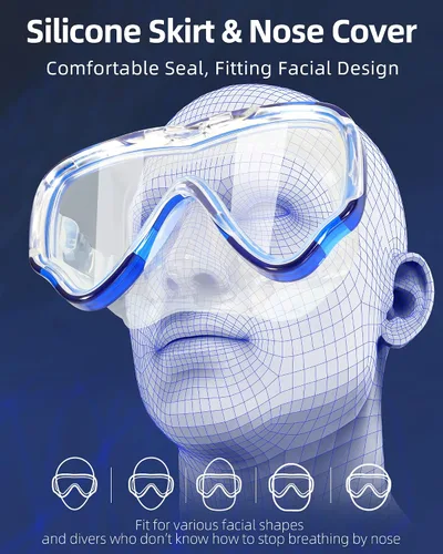 Miniatura 3 de EverSport Gafas de natación para adultos con cubierta para la nariz, máscara de buceo transparente antivaho amplia visión sin borrosidad para Azul