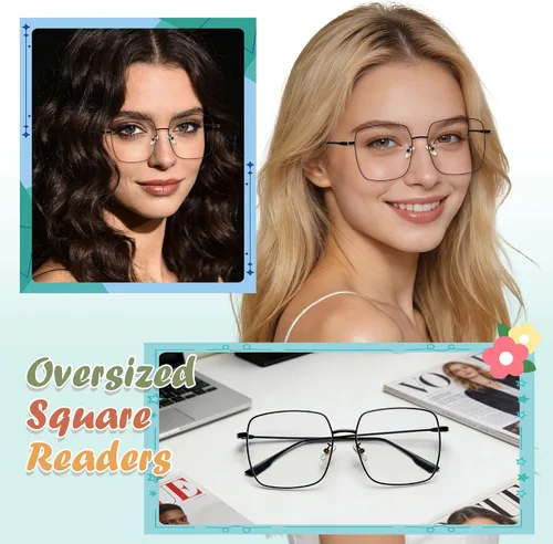 Miniatura 4 de Lentes de lectura cuadrados de gran tamaño para mujeres y hombres, anteojos con filtro de luz azul, lectores de marco de metal grande con protección