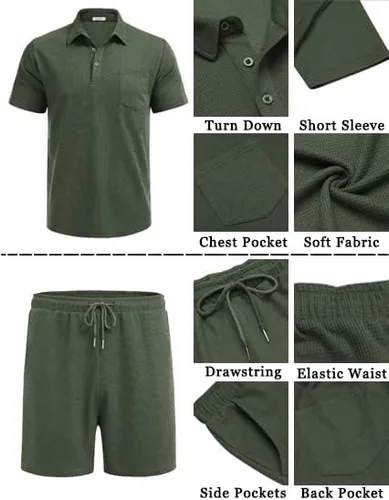 Miniatura 5 de COOFANDY Conjunto de camisa polo y pantalones cortos de punto gofre para hombre, conjunto de 2 piezas, traje de verano casual con bolsillos