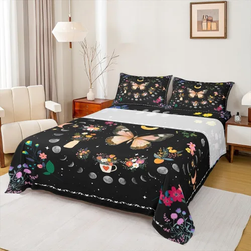 Miniatura 20 de Erosebridal Juego de sábanas de polilla de la muerte, diseño de calavera gótica, tamaño individual, juego de sábanas de flores botánicas con diseño
