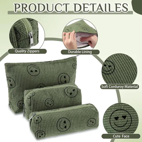 Miniatura 3 de Huhumy Juego de 3 bolsas de maquillaje para mujeres, bolsa cosmética de pana con sonrisa estética, bolsa de viaje para artículos de tocador, linda