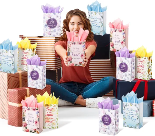 Miniatura 6 de Sinmoe 48 bolsas cristianas para recuerdos de boda con asas, diseño de girasol y mariposa, bolsas de regalo de tejido con versículo de la Biblia