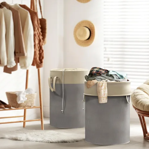 Miniatura 6 de Simple Houseware Cesta de lavandería plegable de 74L, cesta redonda de algodón con cierre de cordón y asas, paquete de 2, color gris