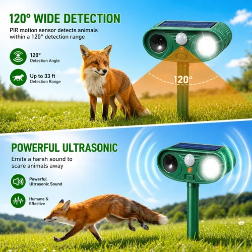 Miniatura 4 de Repelente solar ultrasónico de animales para exteriores, dispositivo disuasorio de gatos y repelente de ciervos, disuasorio de control de conejo