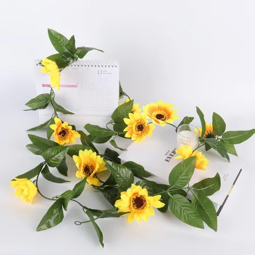 Miniatura 8 de DEEMEI Paquete de 4 guirnaldas artificiales de girasoles de seda colgantes con flores y hojas verdes para mesa de boda, jardín, manualidades