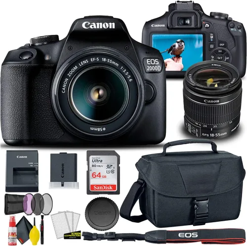 Canon EOS 2000D / Rebel T7 Cámara DSLR con lente de 18-55 mm + juego de filtros creativos, bolsa para cámara EOS + tarjeta Sandisk Ultra de 64 GB +