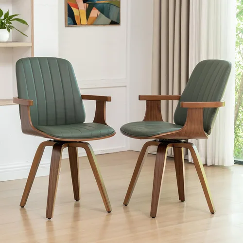 Miniatura 19 de Juego de 2 sillas de comedor giratorias, modernas de mediados de siglo con artesanía de nogal, piel sintética tapizada, brazos y patas de madera