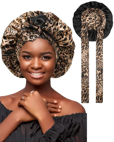 Miniatura 16 de AWAYTR Gorro de satén de seda para dormir para mujeres con cabello rizado, gorro de dormir reversible de doble capa con banda de amarre (azul) 7