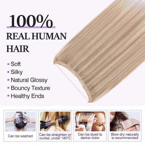 Miniatura 2 de Extensiones de cabello en aureola de cabello humano real, Extensión de cabello Halo 100% cabello humano, Extensiones de cabello con alambre, Lacio