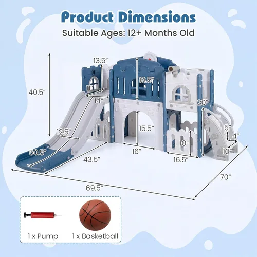Miniatura 7 de Costzon Juego de tobogán infantil 8 en 1, tobogán independiente para niños con túnel, aro de baloncesto, juego de tobogán escalador para niños de 1