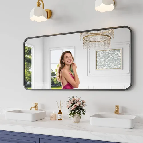 Miniatura 45 de Koonmi Espejo de baño, 30 x 30 pulgadas, espejo con marco de metal negro para baño, vidrio templado, antioxidante, espejo rectangular redondeado