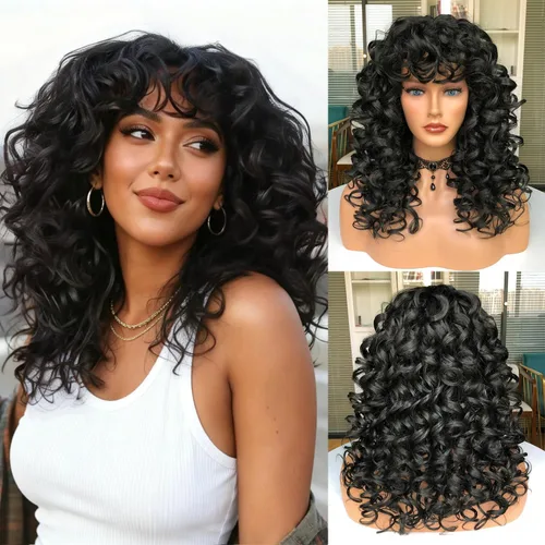 Pelucas afro rizadas para mujeres negras, peluca larga y rizada con flequillo, fibra sintética esponjosa, sin pegamento, para cosplay y uso diario,