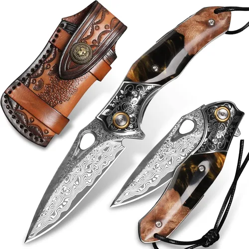 cuchillo de bolsillo artesanal de acero de Damasco de Japón, hoja VG10 de 3.1 pulgadas para hombres y mujeres, cuchillo plegable, con funda, bloqueo