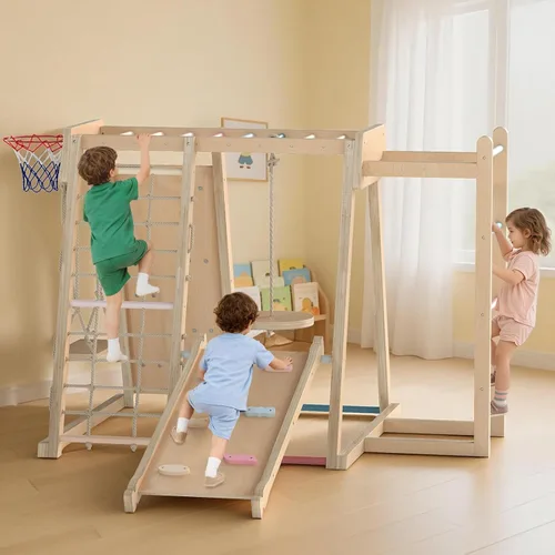 Miniatura 2 de OLAKIDS Gimnasio de la selva para interiores, juguetes Montessori de madera para escalada para bebés 9 en 1 con rampa ajustable de 2 columpios, red