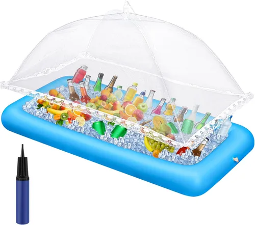Miniatura 12 de Leitee Kit de barra inflable de 3 piezas, incluye bandeja de buffet de ensalada con tapón de drenaje, cubierta de malla, recipientes de bebidas