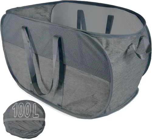 Miniatura 19 de Cesta de lavandería desplegable de malla extra grande de 100 litros con tapa y asas, paquete de 2, cesta de ropa sucia plegable XL